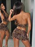 Sexy Two-piece Women Halter Backless Leopard Print Blouse Low-waist Skirt Set RS-YY76