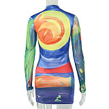 Casual Crew-Neck Long-Sleeve Mini Dress With Colorful Print and Bodycon Fit JY-305087