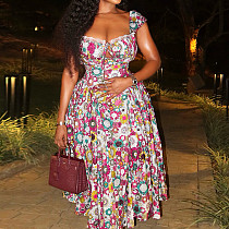 Sexy Ruched & Printed Colorful Spaghetti-Strap A-Line Dress With Empire Waist and Wrapped Bust JY-305105
