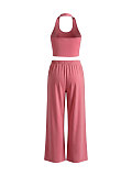 Sexy Halter-Neck Slim-Fit Tank Top & Drawstring Wide-Leg Pants Casual Sportswear Set HANI-033