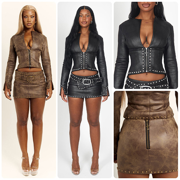 Fashion Retro Punk-style Studded Leather Skirt Set RS-98670