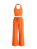 Sexy Halter-Neck Slim-Fit Tank Top & Drawstring Wide-Leg Pants Casual Sportswear Set HANI-033