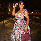 Sexy Ruched & Printed Colorful Spaghetti-Strap A-Line Dress With Empire Waist and Wrapped Bust JY-305105