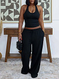 Sexy Halter-Neck Slim-Fit Tank Top & Drawstring Wide-Leg Pants Casual Sportswear Set HANI-033
