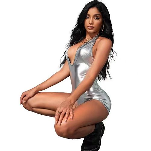 Sexy Glossy Deep V-Neck Halter-Tie Backless Jumpsuit DY-6811