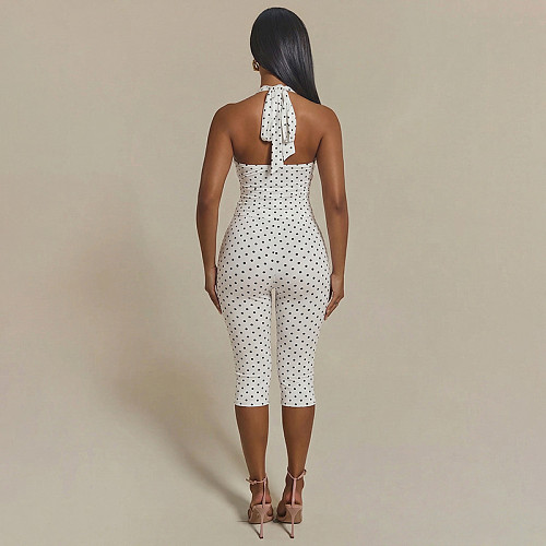 Polka-Dot Print Halter-Neck Tie-Strap Top & Fitted Cropped Pants Two-Piece Set RS-26ST102