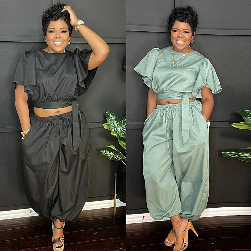 Stylish Solid-Color Two-Piece Set Lace-Up Top & Cuffed Trousers WA-77671