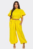 Stylish Solid-Color Two-Piece Set Lace-Up Top & Cuffed Trousers WA-77671