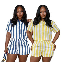 Stylish Vertical-Stripe Print Loose Casual Shirt Two-Piece Set RS-TW877