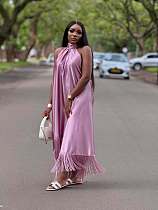 Solid-Color Halter Dress With Asymmetrical Splicing and Fringes QZ-7871