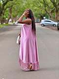 Solid-Color Halter Dress With Asymmetrical Splicing and Fringes QZ-7871