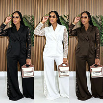Stylish Solid-Color Suit Two-Piece Set With Lace Paneling NY-3903