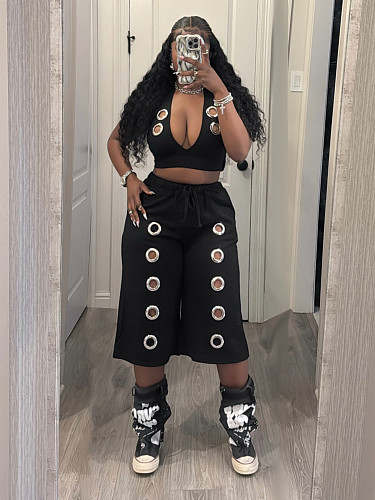 Sexy Eyelet & Metal Buckle Two-Piece Set Vest and Wide-Leg Pants RS-TW876