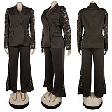 Stylish Solid-Color Suit Two-Piece Set With Lace Paneling NY-3903