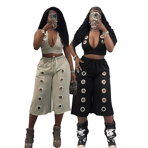 Sexy Eyelet & Metal Buckle Two-Piece Set Vest and Wide-Leg Pants RS-TW876