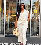 Casual Solid-Color Two-Piece Set Blazer-Collar Shirt & Trousers QZ-9100