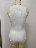 White Sexy Square-Neck Sleeveless Slim-Fit Rhinestone-Embellished Bodysuit RS-2801