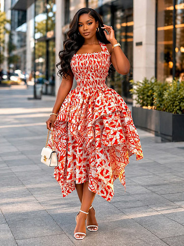 Sexy Halter-Neck Ruched Printed Asymmetrical Dress QZ-9033