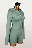 Sporty Elastic Zipper Hooded Coat Shorts And Jacket Set Two Pieces XS-K26L2395