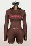 Sporty Elastic Zipper Hooded Coat Shorts And Jacket Set Two Pieces XS-K26L2395