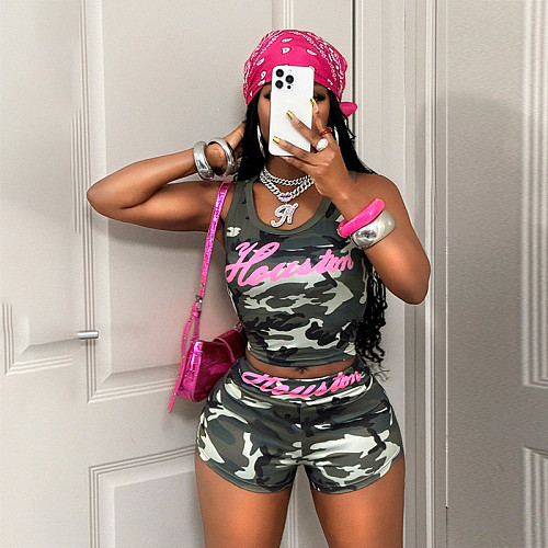 Short Camouflage Tank Top For Women Summer Casual Shorts Set RS-TJY8206