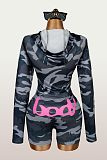 Sporty Elastic Zipper Hooded Coat Shorts And Jacket Set Two Pieces XS-K26L2395