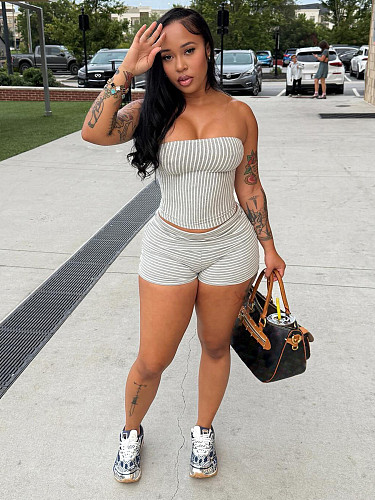 Striped Strapless Tight Rolled Pleated Waistband Shorts Two-piece Set For Women CH-26016