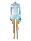 Hooded Zipper Long-sleeved Pleated Short Pants Three-piece Set (Including Hairband) CH-26019
