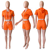 Women Outfits Summer Clothes Short Sleeve Hooded Jacket+shorts Two Piece Sets CH-8210