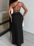 Single Strap Wrap Bra Top High Slit Long Dress Two-piece Set Summer HANI-YY028