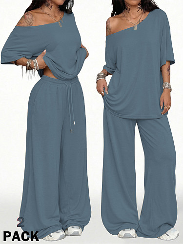 Summer Off Shoulder Mid-sleeved Top Wide Leg Pants Casual Trousers Set HANI-SY027