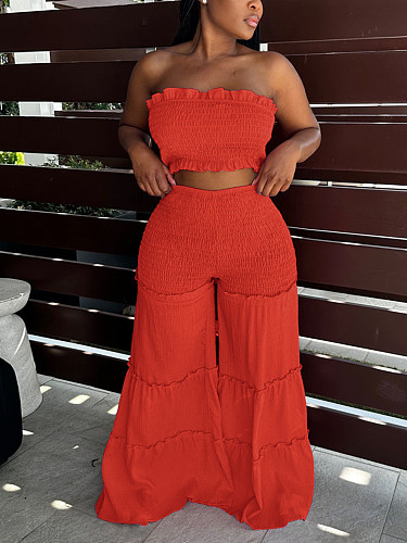 Sexy Strapless Crop Top and Ruffled Wide-Leg Pants Two-Piece Set HANI-311