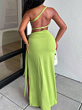 Single Strap Wrap Bra Top High Slit Long Dress Two-piece Set Summer HANI-YY028