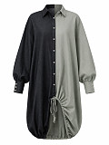 Casual Loose-Fit Color-Blocked Patchwork Drawstring Asymmetrical Long-Sleeve Shirt Dress HANI-YF006