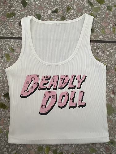 Sexy Ribbed U-Neck Tank Top With Letter Print RS-1490