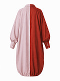 Casual Loose-Fit Color-Blocked Patchwork Drawstring Asymmetrical Long-Sleeve Shirt Dress HANI-YF006