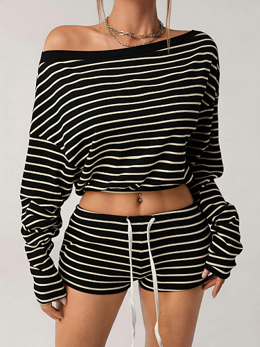 Casual Striped Off-the-Shoulder Top and Shorts Set HANI-SY017