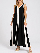 Stylish Color-Block V-Neck Sleeveless A-Line Maxi Dress — Loose Fit & Slimming Effec HANI-MC025