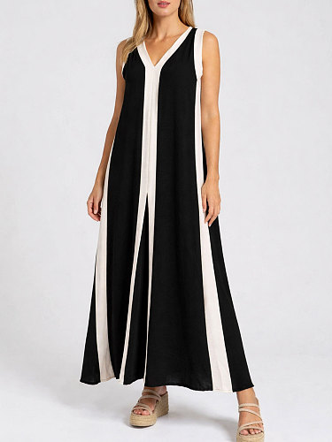Stylish Color-Block V-Neck Sleeveless A-Line Maxi Dress — Loose Fit & Slimming Effec HANI-MC025