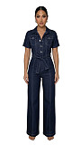 Casual Short-Sleeve Collared Button-Down Denim Jumpsuit With Belt OSM-4501