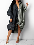 Casual Loose-Fit Color-Blocked Patchwork Drawstring Asymmetrical Long-Sleeve Shirt Dress HANI-YF006