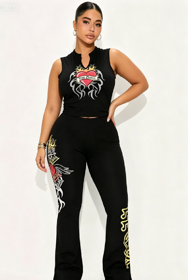 Fashionable Printed V-Neck Tank Top and Pants Set BG-9023