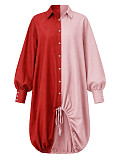 Casual Loose-Fit Color-Blocked Patchwork Drawstring Asymmetrical Long-Sleeve Shirt Dress HANI-YF006