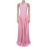 Stylish Elegant Solid-Color Crew-Neck Sleeveless Dress BY-7713