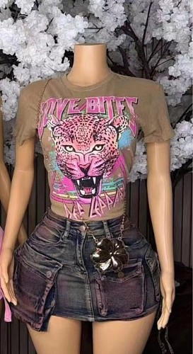 Summer New Arrival Leopard Print Short-Sleeve T-Shirt Top RS-1486