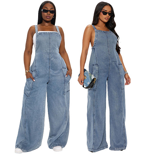 Fashionable Washed Wide-Leg Denim Overalls JLX-6076