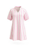 Fashionable V-neck Striped Puff-Sleeve Loose-Fitting Slimming A-Line Shirt Dress HANI-YW014