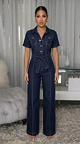 Casual Short-Sleeve Collared Button-Down Denim Jumpsuit With Belt OSM-4501