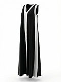 Stylish Color-Block V-Neck Sleeveless A-Line Maxi Dress — Loose Fit & Slimming Effec HANI-MC025