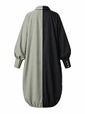 Casual Loose-Fit Color-Blocked Patchwork Drawstring Asymmetrical Long-Sleeve Shirt Dress HANI-YF006